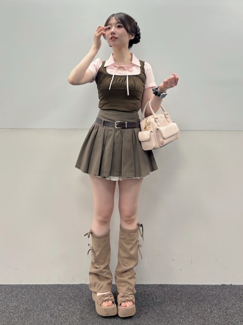 シャツレイヤードパフ袖トップス