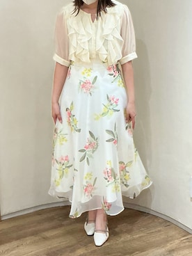 「MISCH MASCH（ミッシュマッシュ）の2026春夏新作 パウダーシフォンバー付きラッフル5分袖ブラウス（シャツ/ブラウス、グリーン系）」を使った、アトレ川崎店さん（レディース・155cm）の春コーディネート