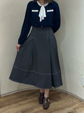 「MISCH MASCH（ミッシュマッシュ）の2026春夏新作 配色リボン長袖ブラウス（シャツ/ブラウス、ブルー系）」を使った、アトレ川崎店さん（レディース・155cm）の春コーディネート