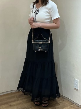 「MISCH MASCH（ミッシュマッシュ）の2026春夏新作 リボン付きレーストリムVネック半袖ニット（ニット/セーター、グレー系）」を使った、アトレ川崎店さん（レディース・155cm）の春コーディネート