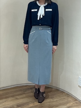 「MISCH MASCH（ミッシュマッシュ）の2026春夏新作 配色リボン長袖ブラウス（シャツ/ブラウス、ブルー系）」を使った、アトレ川崎店さん（レディース・155cm）の春コーディネート