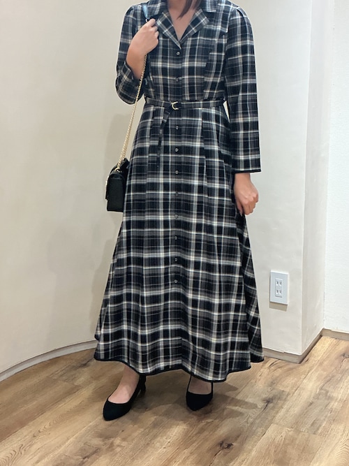 MISCHMASCH テーラー襟配色ワンピース チェック柄 黒 セール】2025秋冬新作 テーラー襟配色ワンピース（ワンピース）｜MISCH