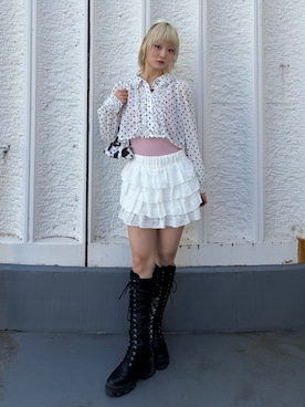 「jouetie（ジュエティ）のストレッチレースアップロングブーツ 厚底（ブーツ、ブラック系）」を使った、AMANEさん（レディース・163cm）の春コーディネート