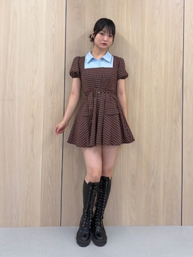 「jouetie（ジュエティ）のストレッチレースアップロングブーツ（ブーツ、ブラック系）」を使った、AMANEさん（レディース・163cm）の夏コーディネート