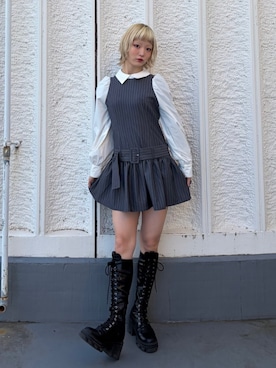 「jouetie（ジュエティ）のストレッチレースアップロングブーツ 厚底（ブーツ、ブラック系）」を使った、AMANEさん（レディース・163cm）の冬コーディネート