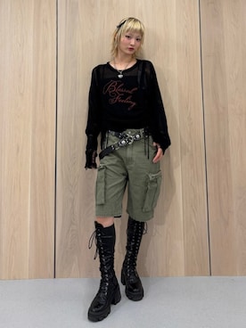 「jouetie（ジュエティ）のストレッチレースアップロングブーツ 厚底（ブーツ、ブラック系）」を使った、AMANEさん（レディース・163cm）の春コーディネート