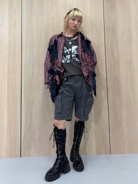 「jouetie（ジュエティ）のストレッチレースアップロングブーツ 厚底（ブーツ、ブラック系）」を使った、AMANEさん（レディース・163cm）の春コーディネート