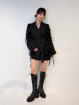 「jouetie（ジュエティ）のストレッチレースアップロングブーツ（ブーツ、ブラック系）」を使った、AMANEさん（レディース・163cm）の夏コーディネート