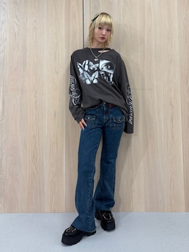 「jouetie（ジュエティ）のオーバーソールスタッズチロリアンシューズ（ローファー、ブラック系）」を使った、AMANEさん（レディース・163cm）の春コーディネート