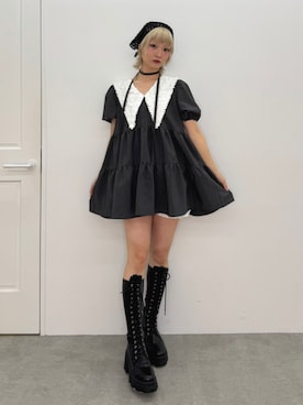 「jouetie（ジュエティ）のストレッチレースアップロングブーツ 厚底（ブーツ、ブラック系）」を使った、AMANEさん（レディース・163cm）の春コーディネート