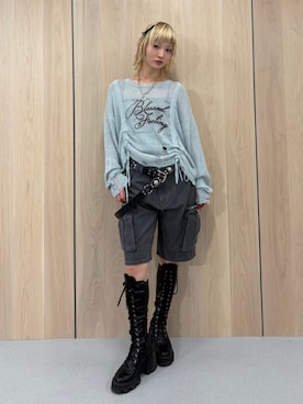 「jouetie（ジュエティ）のストレッチレースアップロングブーツ 厚底（ブーツ、ブラック系）」を使った、AMANEさん（レディース・163cm）の春コーディネート