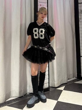 「jouetie（ジュエティ）のオーバーソールスタッズチロリアンシューズ（ローファー、ブルー系）」を使った、AMANEさん（レディース・163cm）の春コーディネート