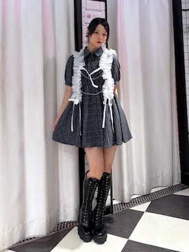 「jouetie（ジュエティ）のフロントフリルミニワンピース（ワンピース、ブルー系）」を使った、AMANEさん（レディース・163cm）の夏コーディネート