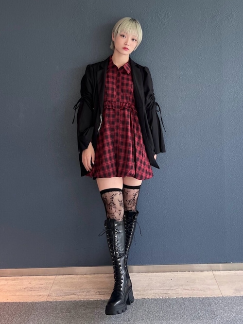 ストレッチレースアップロングブーツ 厚底 靴 秋服（ブーツ