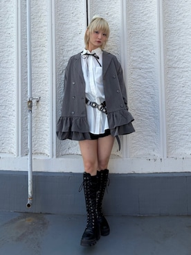 「jouetie（ジュエティ）のストレッチレースアップロングブーツ 厚底（ブーツ、ブラック系）」を使った、AMANEさん（レディース・163cm）の春コーディネート