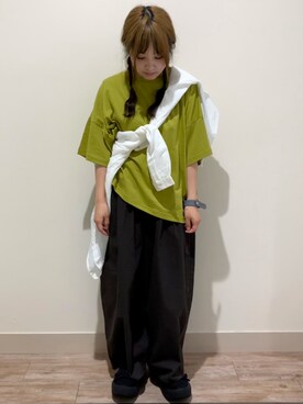 「Samansa Mos2（サマンサ モスモス）のビックシルエットバンドカラーシャツ（シャツ/ブラウス）」を使った、つさん（レディース・152cm）の夏コーディネート