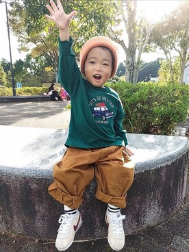 「devirock（デビロック）のアイテム（ニットキャップ/ビーニー）」を使った、ひいらぎさん（キッズ・80cm）の秋コーディネート