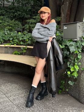 「アウターコーデ」｜「アイテム（キャップ）」を使った、藤岡真央さん（レディース・154cm）の冬コーディネート
