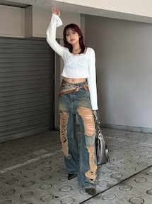 ❣️本日限定価格❣️EVRIS ハイダメージセミワイドデニムパンツ セール】ハイダメージセミワイドデニムパンツ（デニムパンツ