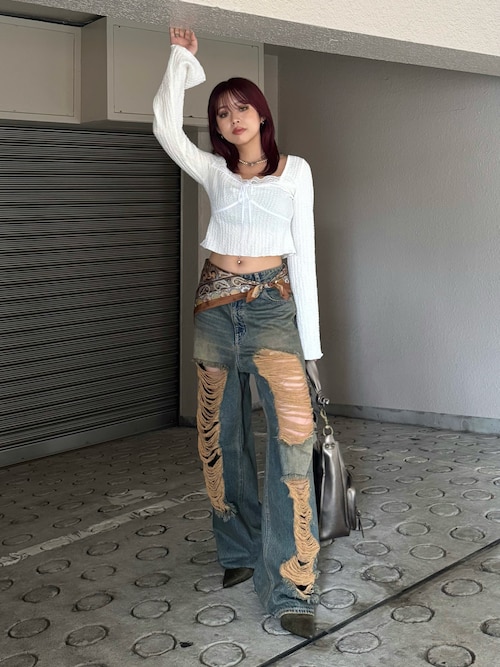 完売人気！evris ハイウエスト　ダメージワイドデニムパンツ ダメージワイドデニムパンツ[品番：MKSW0059169]｜EVRIS