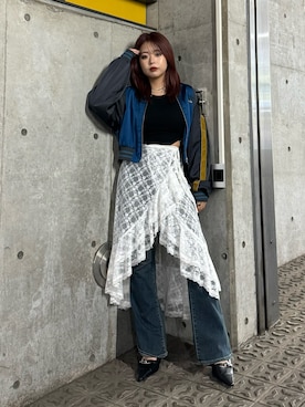 「レーススカート」｜「アイテム（ブルゾン）」を使った、藤岡真央さん（レディース・154cm）の秋コーディネート