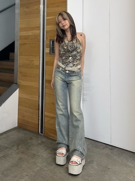 「EVRIS（エヴリス）のアイテム（パンツ）」を使った、藤岡真央さん（レディース・154cm）の夏コーディネート