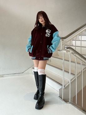 「EVRIS（エヴリス）のアイテム（スタジャン）」を使った、藤岡真央さん（レディース・154cm）の冬コーディネート