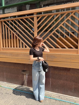 「GYDA（ジェイダ）のカップ付きハーフスリーブバッククロステレコTOPS（Tシャツ/カットソー）」を使った、senonさん（レディース・147cm）の春コーディネート