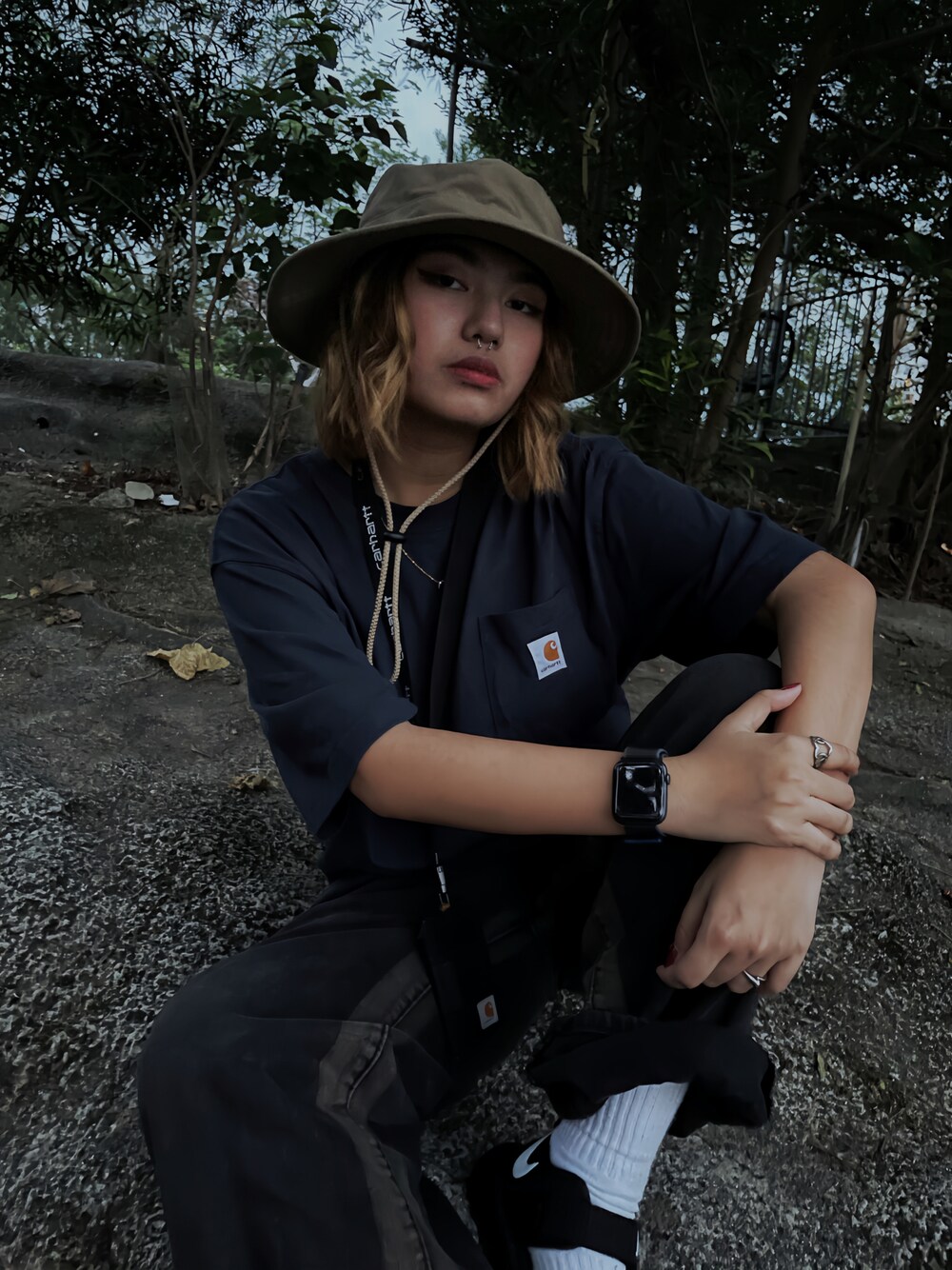「carhartt」｜「Carharttのアイテム（サンバイザー、ベージュ系）」を使った、𝘤𝘩𝘢𝘳𝘭𝘰𝘵𝘵𝘦❁さん（レディース・158cm）の春コーディネートの1枚目の写真