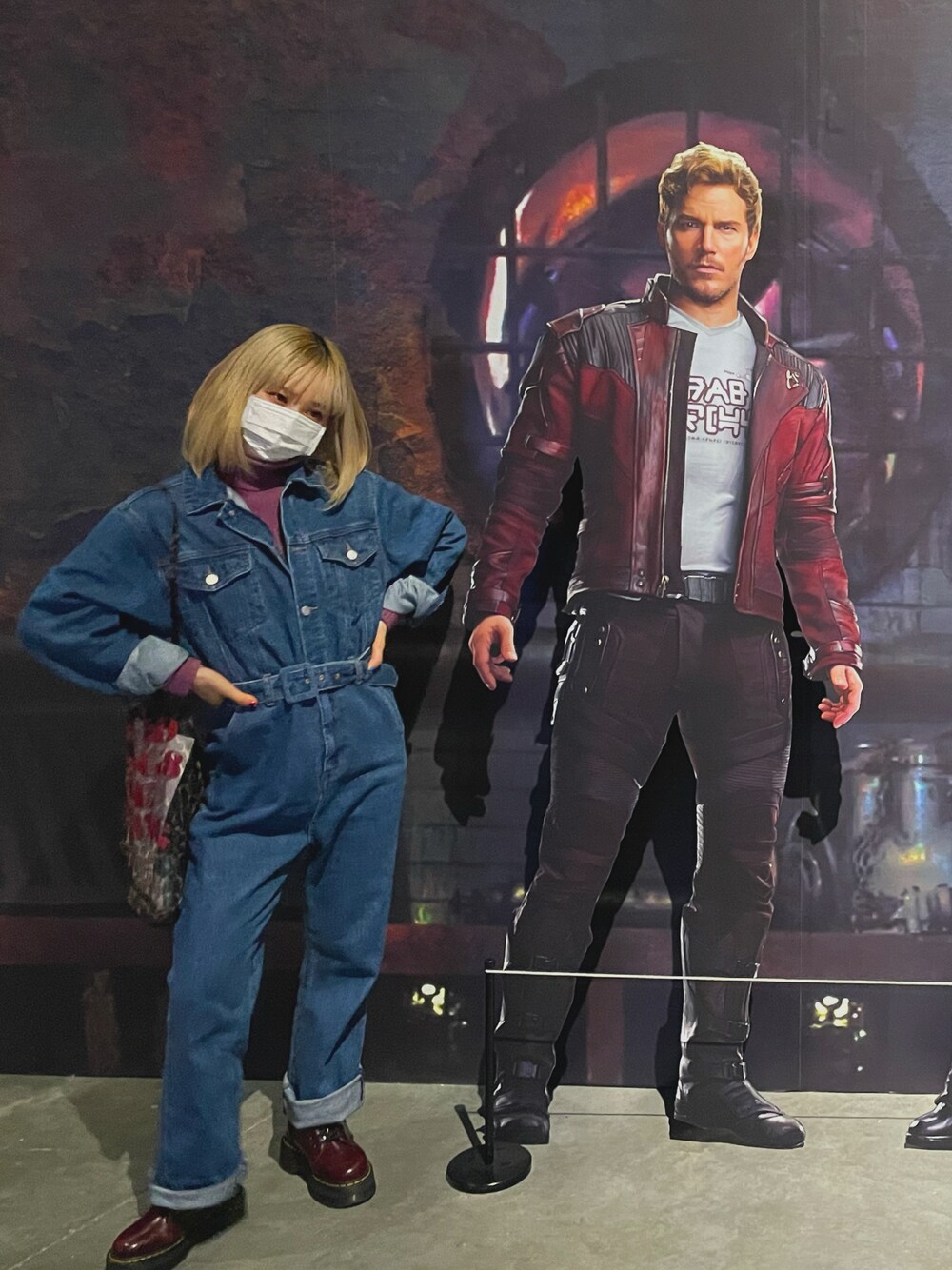「ガーディアンズ・オブ・ザ・ギャラクシー、オールインワン、jouetie、Dr.Martens、ootd」｜「jouetieのデニムジャンプスーツ（つなぎ/オールインワン、ブルー系）」を使った、🦎さん（レディース・155cm）の冬コーディネートの1枚目の写真