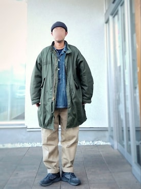 「デニムシャツ」｜「アイテム（モッズコート）」を使った、北极さん（メンズ・178cm）の冬コーディネート