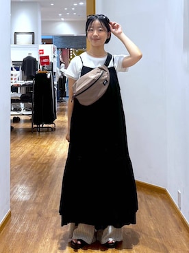 「GLOBAL WORK（グローバルワーク）のmeets India/2WAYティアードワンピース/636282（ワンピース、ブラック系）」を使った、カナさん（レディース・158cm）の夏コーディネート
