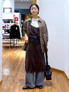 「GLOBAL WORK（グローバルワーク）のシルクブレンドクループルオーバー長袖/1051637（Tシャツ/カットソー、ホワイト系）」を使った、カナさん（レディース・158cm）の秋コーディネート