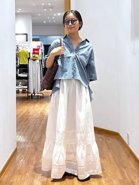 「GLOBAL WORK（グローバルワーク）のmeets India/レーススカート/601013（スカート、ホワイト系）」を使った、カナさん（レディース・158cm）の夏コーディネート