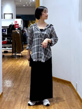 「GLOBAL WORK（グローバルワーク）のリラックスジャージマキシスカート/1049218（スカート、ブラック系）」を使った、カナさん（レディース・158cm）の夏コーディネート