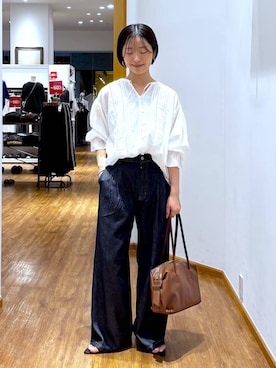 「GLOBAL WORK（グローバルワーク）のハシゴレースリボンカーデ/1042789（シャツ/ブラウス、ホワイト系）」を使った、カナさん（レディース・158cm）の夏コーディネート