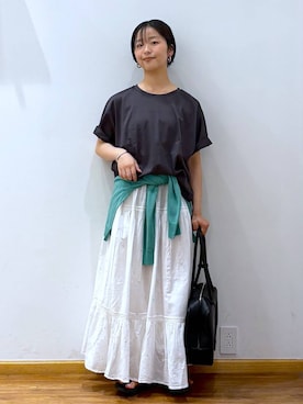 「GLOBAL WORK（グローバルワーク）のmeets India/ティアード刺繍スカート/625306（スカート、ホワイト系）」を使った、カナさん（レディース・158cm）の夏コーディネート