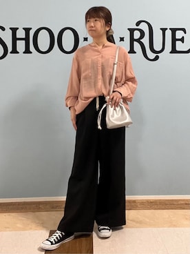 「DRESKIP（ドレスキップ）の大人のシアー感 バンドカラーシャツ（シャツ/ブラウス、ピンク系）」を使った、Naaatsuさん（レディース・158cm）の春コーディネート