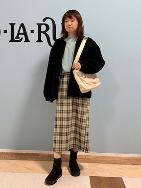 「SHOO・LA・RUE（シューラルー）の【洗濯機可】即サマになる ノーカラー ボアブルゾン（ブルゾン、ブラック系）」を使った、Naaatsuさん（レディース・158cm）の秋コーディネート