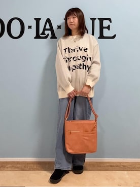 「SHOO・LA・RUE（シューラルー）の【体型カバー】ちくちくしにくい お花ロゴジャカードスウェットライクニット（ニット/セーター、ホワイト系）」を使った、Naaatsuさん（レディース・158cm）の冬コーディネート