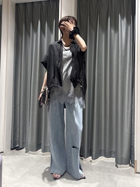 「DouDou（ドゥドゥ）のリネンドロストフレンチシャツ（シャツ/ブラウス、ブラック系）」を使った、karinさん（レディース・165cm）の春コーディネート