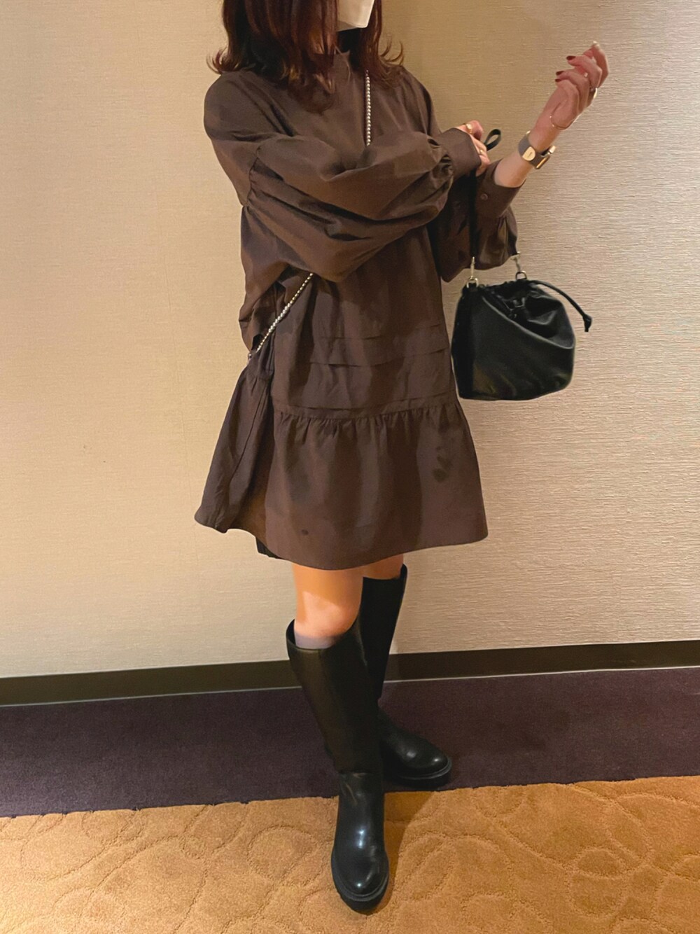 「ロングブーツ、ootd、ロングワンピース、センスオブプレイス、ローリーズファーム(LOWRYS FARM)、秋コーデ、おしゃれ修行中、いいね、save、フォローお願いします🤑、ロングブーツコーデ、だから秋服が好き、ブラウンコーデ」｜「LOWRYS FARMのアイテム（チュニック、ブラウン系）」を使った、otochan1013さん（レディース・158cm）の秋コーディネートの1枚目の写真
