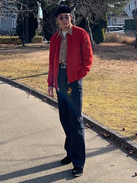 「レッド」｜「アイテム（ハンチング/ベレー帽）」を使った、pikaichiyuさん（メンズ・174cm）の冬コーディネート