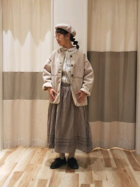 「kazumiコラボ」｜「アイテム（ノーカラージャケット）」を使った、いしさん（レディース・165cm）の秋コーディネート