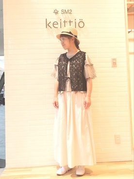 「Samansa Mos2（サマンサ モスモス）のモチーフレースベスト（ベスト）」を使った、いしさん（レディース・165cm）の夏コーディネート