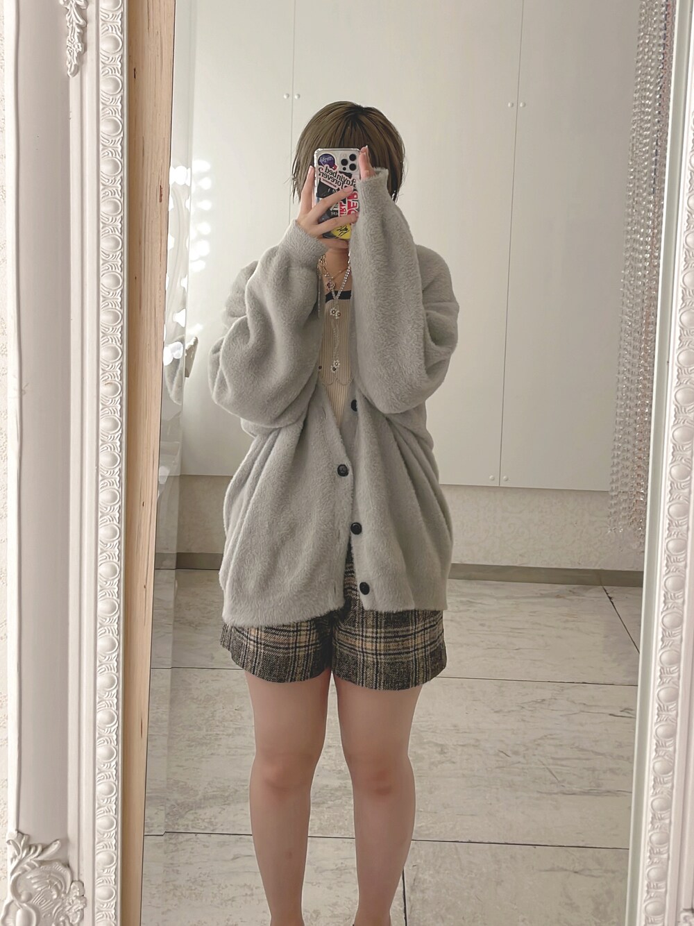 「秋ルック紹介するよ、秋服、楽チンコーデ、プチプラ、高身長女子、ニット、骨格ウェーブ、カーディガン、ニットカーディガン」｜「HAREのシャギーニットカーディガン(HARE)（カーディガン/ボレロ、グレー系）」を使った、まこさん（レディース・163cm）の秋コーディネートの1枚目の写真