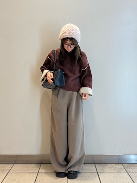 「アイテム（ニットキャップ/ビーニー、ホワイト系）」を使った、yumaさん（レディース・152cm）の冬コーディネート