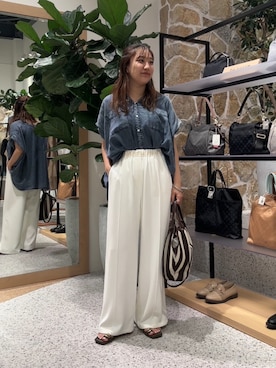「Jena espace merveilleux（ジェナ　エスパスメルヴェイユ）の【サラサラ半袖デニム】テンセルフレンチシャツ（シャツ/ブラウス、ブルー系）」を使った、KAEDEさん（レディース・158cm）の夏コーディネート