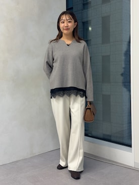 「Jena espace merveilleux(ジェナ エスパスメルヴェイユ)のジャガードVネックニット 秋服(ニット/セーター、グレー系)」を使った、KAEDEさん(レディース・158cm)の秋コーディネート
