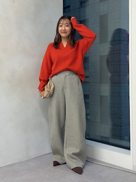 「Jena espace merveilleux(ジェナ エスパスメルヴェイユ)のジャガードVネックニット 秋服(ニット/セーター、オレンジ系)」を使った、KAEDEさん(レディース・158cm)の秋コーディネート
